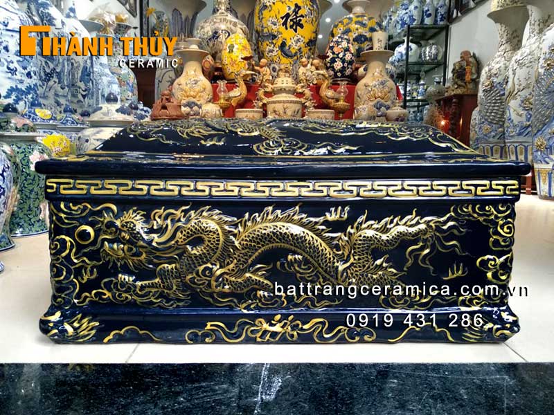 Quách Tiểu Sứ Rồng Nổi Xanh Đen Nhũ Vàng Cao Cấp Gốm Sứ Bát Tràng