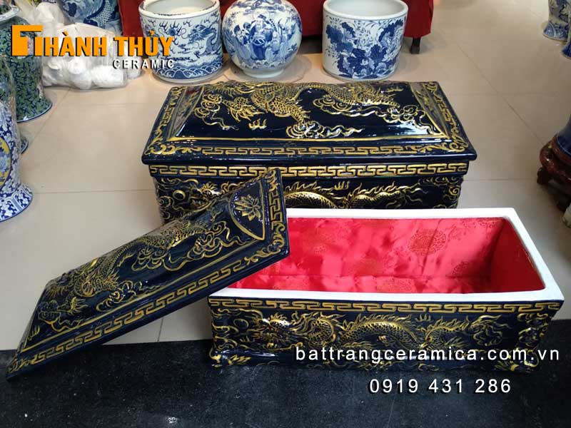 Quách Tiểu Sứ Rồng Nổi Xanh Đen Nhũ Vàng Cao Cấp Gốm Sứ Bát Tràng
