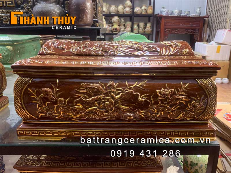 Tiểu quách hoa sen nâu vẽ vàng 24k sang trọng, quà tặng ý nghĩa