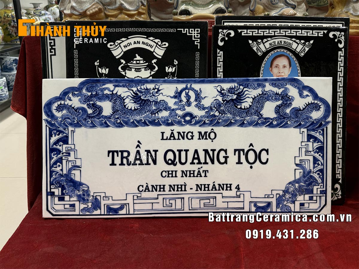Bia lăng mộ vẽ tay gốm sứ Bát Tràng bền đẹp sang trọng 