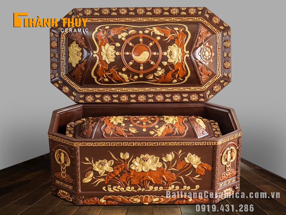 Tiểu quách gốm nâu bát giác Liên hoa sang trọng bền đẹp 