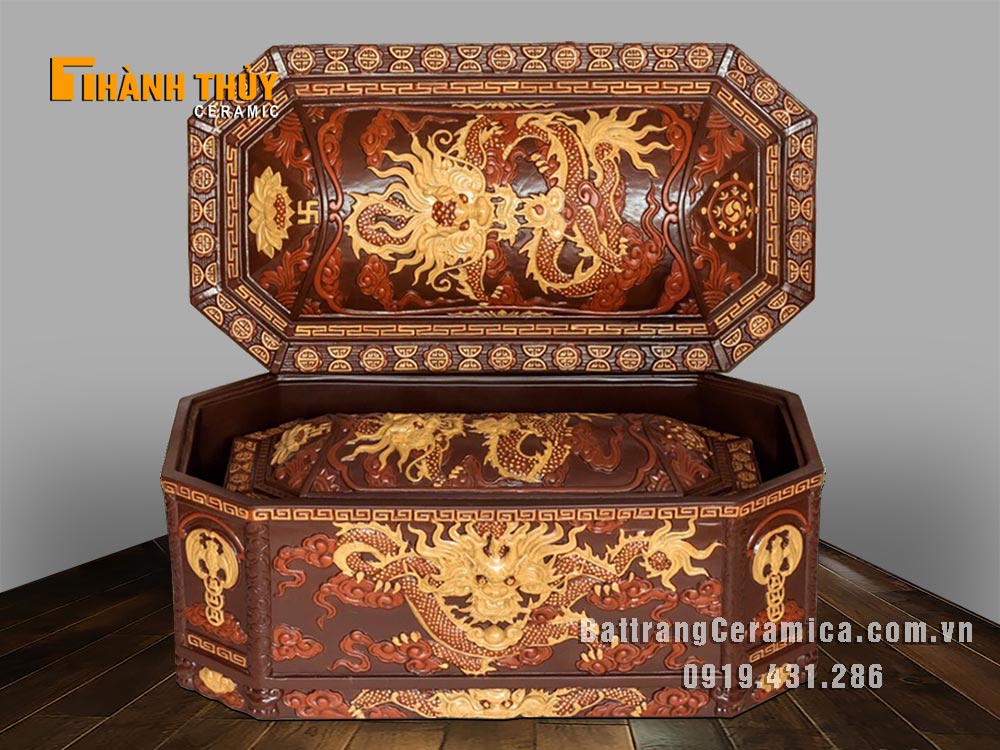 Tiểu quách Bát Tràng gốm nâu Nhất Long Vờn Ngọc cao cấp sang trọng chuẩn phong thủy 