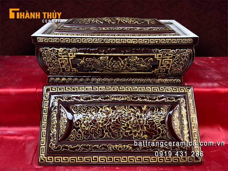 Bộ tiểu quách Sen Luân Hồi nâu cổ cao cấp gốm sứ Bát Tràng sang trọng 
