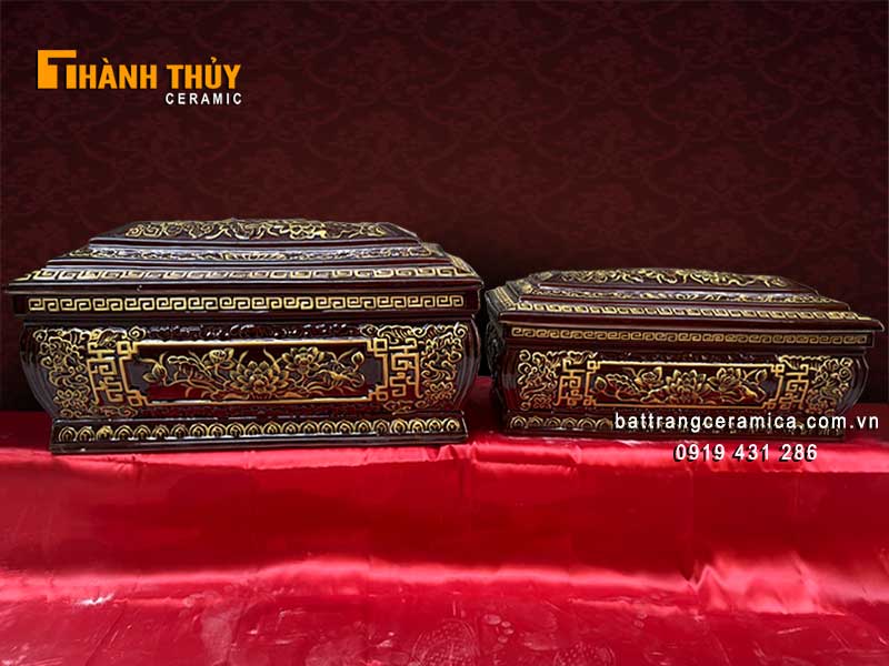 Bộ tiểu quách Sen Luân Hồi nâu cổ cao cấp gốm sứ Bát Tràng sang trọng