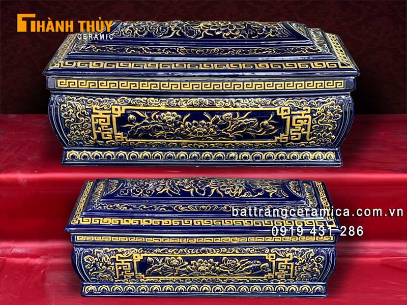 Bộ tiểu quách hoa Sen xanh lam đậm cao cấp gốm sứ Bát Tràng trang nghiêm