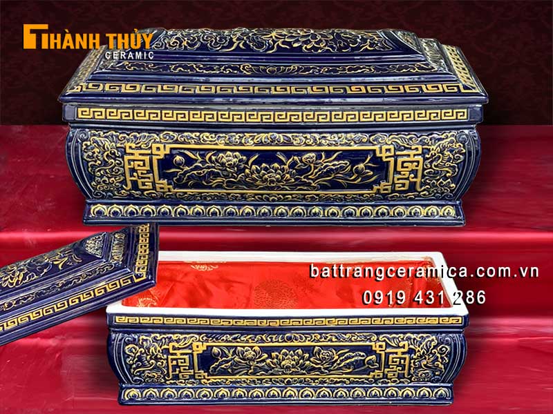 Bộ tiểu quách hoa Sen xanh lam đậm cao cấp gốm sứ Bát Tràng trang nghiêm