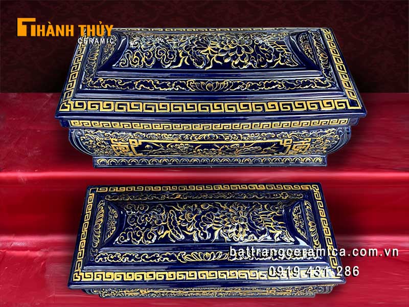 Bộ tiểu quách hoa Sen xanh lam đậm cao cấp gốm sứ Bát Tràng trang nghiêm