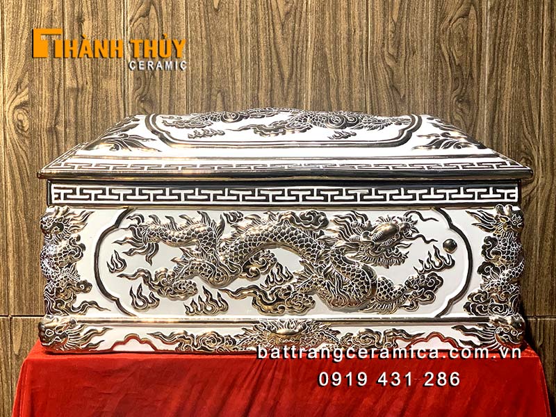 Bộ tiểu quách Bát Tràng trắng cao cấp sang trọng họa tiết rồng vàng 