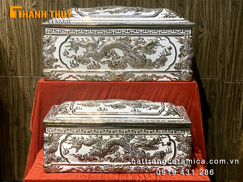 Bộ tiểu quách Bát Tràng trắng cao cấp sang trọng họa tiết rồng vàng