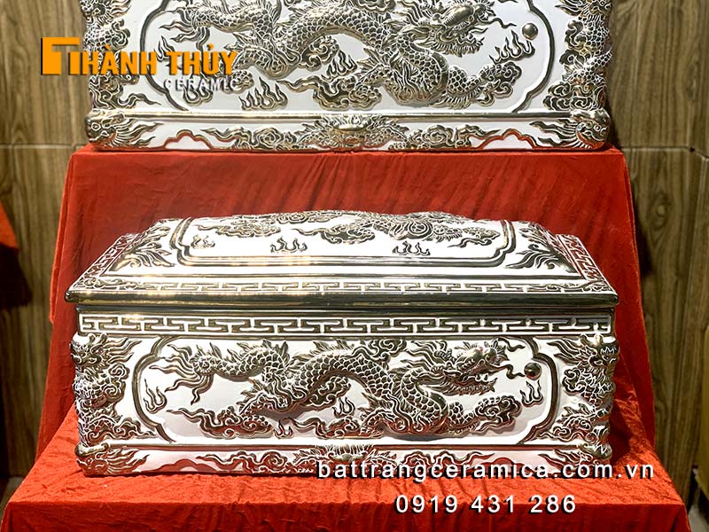 Bộ tiểu quách Bát Tràng trắng cao cấp sang trọng họa tiết rồng vàng