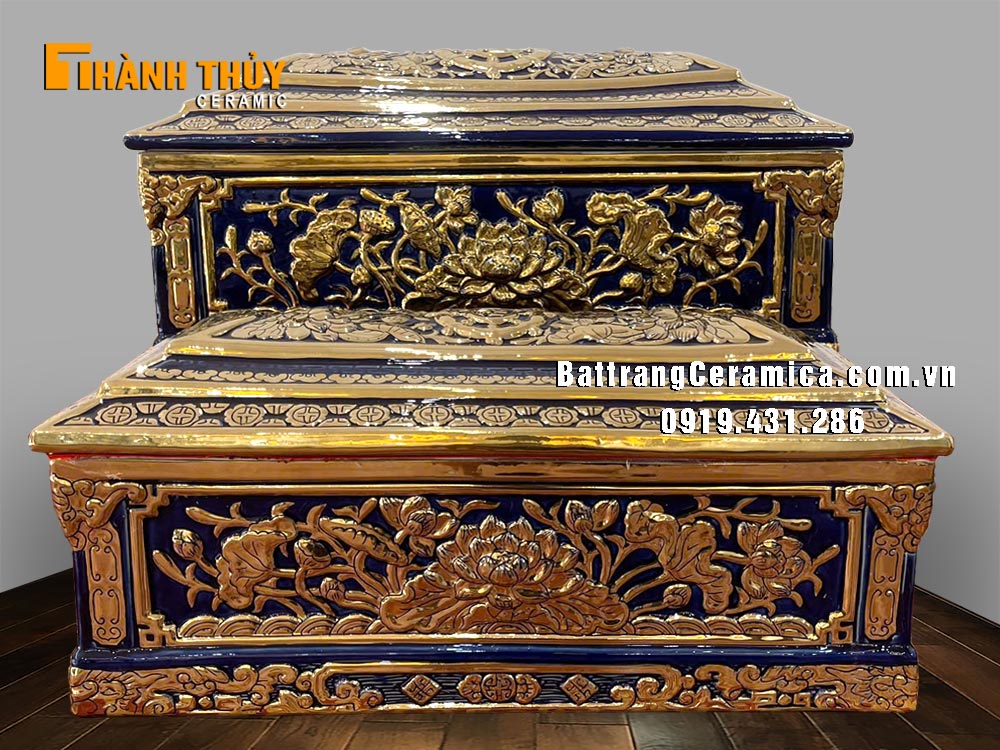 Bộ tiểu quách hoa sen xanh mạ vàng cao cấp Bát Tràng đẹp bền