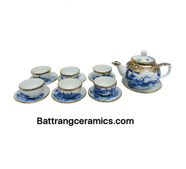 Ấm chén Bát Tràng Hồng bọc đồng men cổ tinh tế sang trọng 