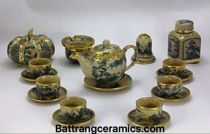 Bộ ấm chén gốm Bát Tràng men rạn bọc đồng sang trọng đầy đủ 