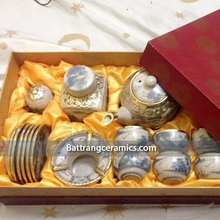 Bộ ấm chén Bát Tràng men rạn cổ bọc đồng sang trọng quà tặng