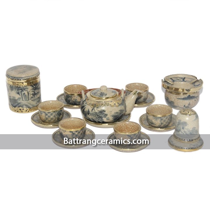 Bộ ấm chén Bát Tràng men rạn cổ bọc đồng sang trọng quà tặng