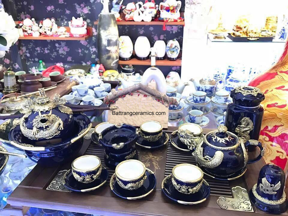 Bộ ấm chén trạm rồng xanh cô ban cao cấp sang trọng tặng bát điếu Bộ ấm chén trạm rồng xanh cô ban cao cấp sang trọng tặng bát điếu