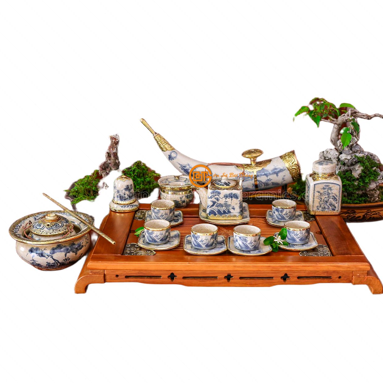 bộ ấm chén vuông men rạn cổ bọc đồng sang trọng bộ đầy đủ phụ kiện 