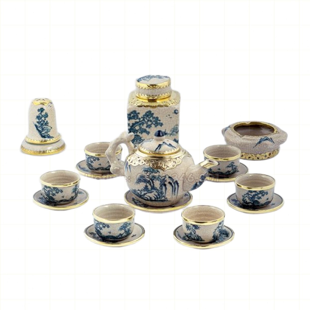 Bộ ấm chén men rạn bọc đồng phụ kiện sang trọng giữ hương trà 