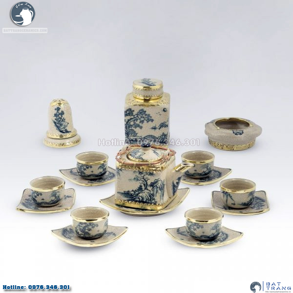 Bộ ấm chén men rạn sơn thủy bọc đồng cao cấp kèm phụ kiện Bát Tràng 