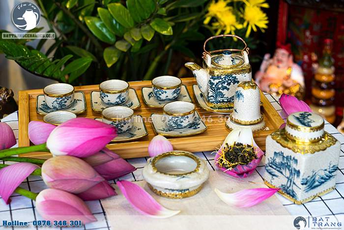 Bộ ấm chén men rạn sơn thủy bọc đồng cao cấp kèm phụ kiện Bát Tràng