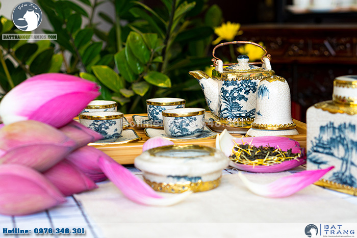 Bộ ấm chén men rạn sơn thủy bọc đồng cao cấp kèm phụ kiện Bát Tràng