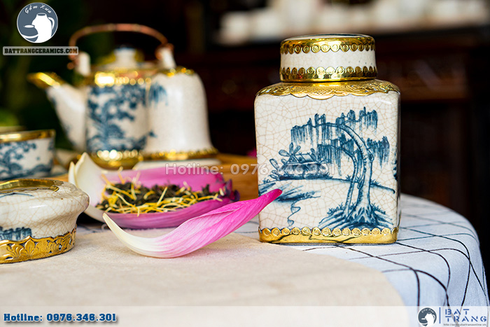 Bộ ấm chén men rạn sơn thủy bọc đồng cao cấp kèm phụ kiện Bát Tràng