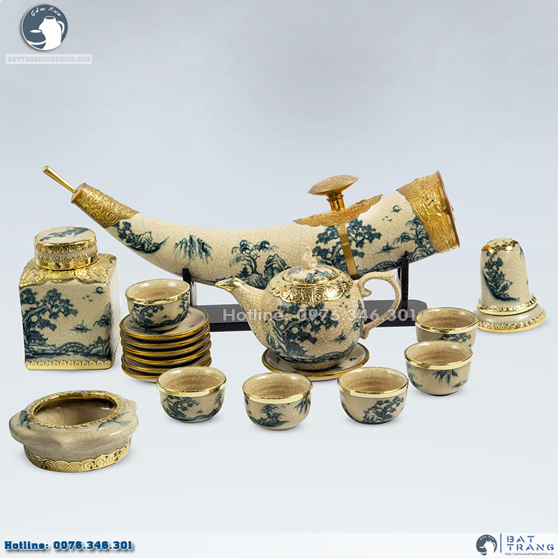 Bộ ấm chén men rạn bọc đồng sang trọng tặng kèm phụ kiện 