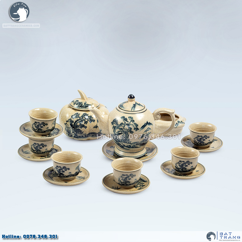 Bộ ấm chén men rạn sơn thủy Bát Tràng độc đáo sang trọng 