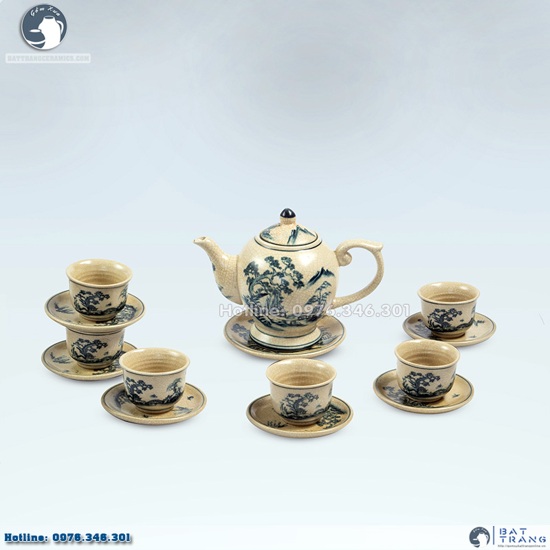 Bộ ấm chén men rạn sơn thủy Bát Tràng độc đáo sang trọng