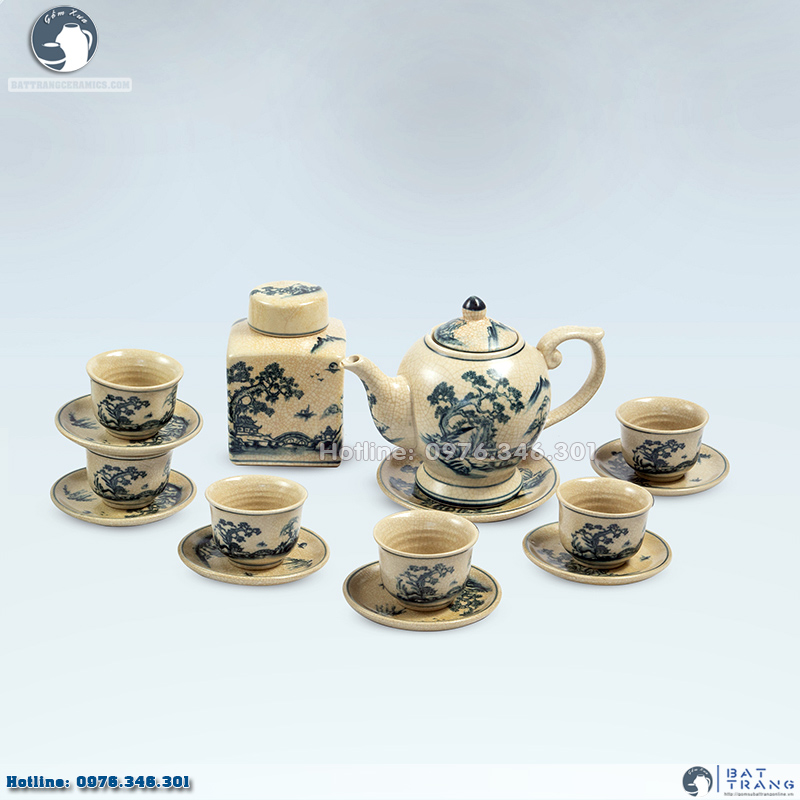 Bộ ấm chén men rạn sơn thủy Bát Tràng độc đáo sang trọng