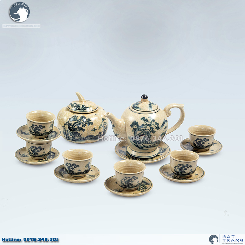 Bộ ấm chén men rạn sơn thủy Bát Tràng độc đáo sang trọng