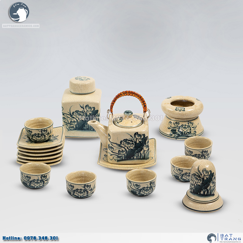 Bộ ấm chén men rạn hoa sen vuông sang trọng tặng phụ kiện độc quyền 