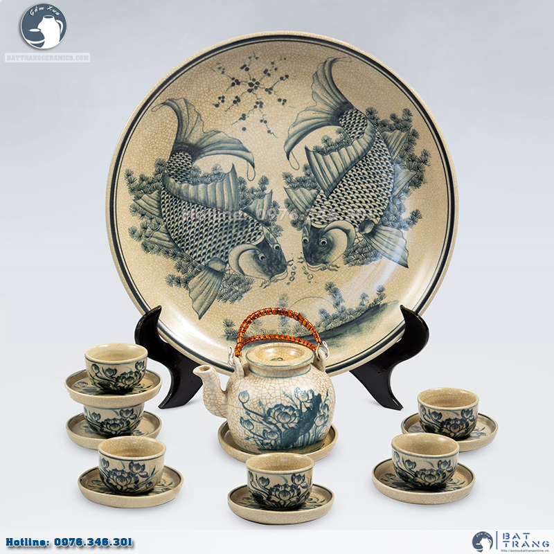 Bộ ấm chén men rạn lõm Bát Tràng đẹp sang đĩa cảnh