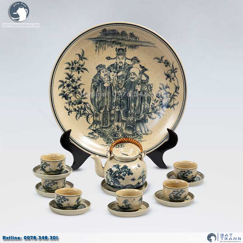 Bộ ấm chén men rạn lõm Bát Tràng đẹp sang đĩa cảnh