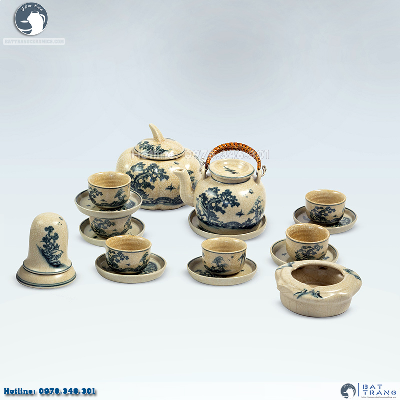 Bộ ấm chén men rạn Bát Tràng vẽ sơn thủy độc đáo đẹp