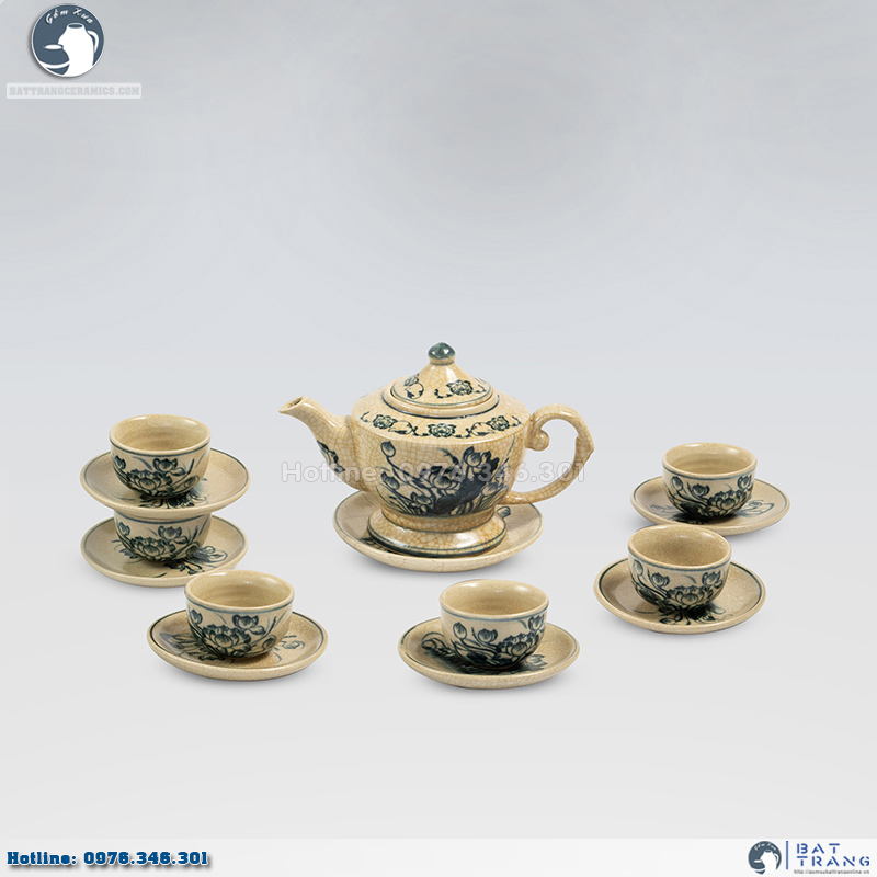 Bộ ấm chén lư sen men rạn số 2 Bát Tràng đẹp độc đáo cao cấp 