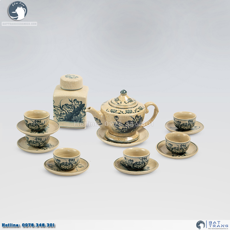 Bộ ấm chén lư sen men rạn số 2 Bát Tràng đẹp độc đáo cao cấp