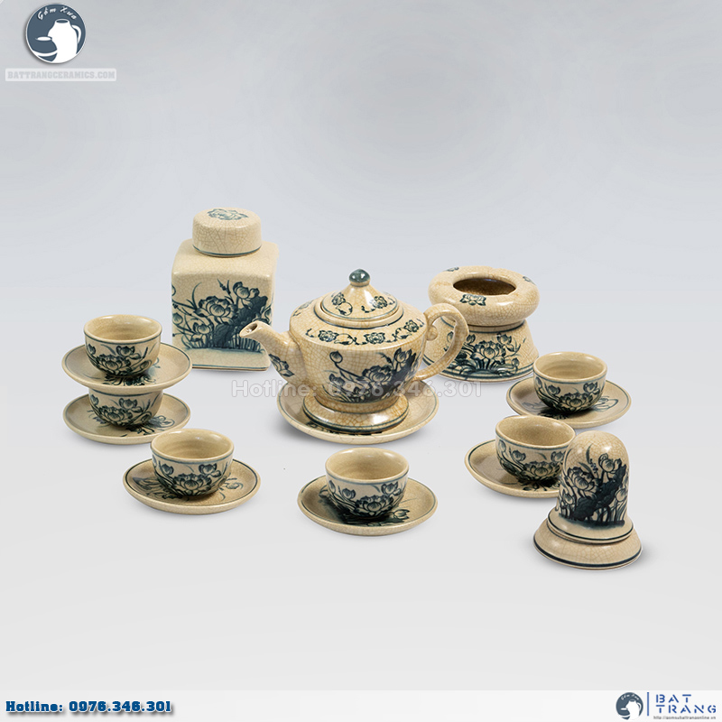Bộ ấm chén lư sen men rạn số 2 Bát Tràng đẹp độc đáo cao cấp
