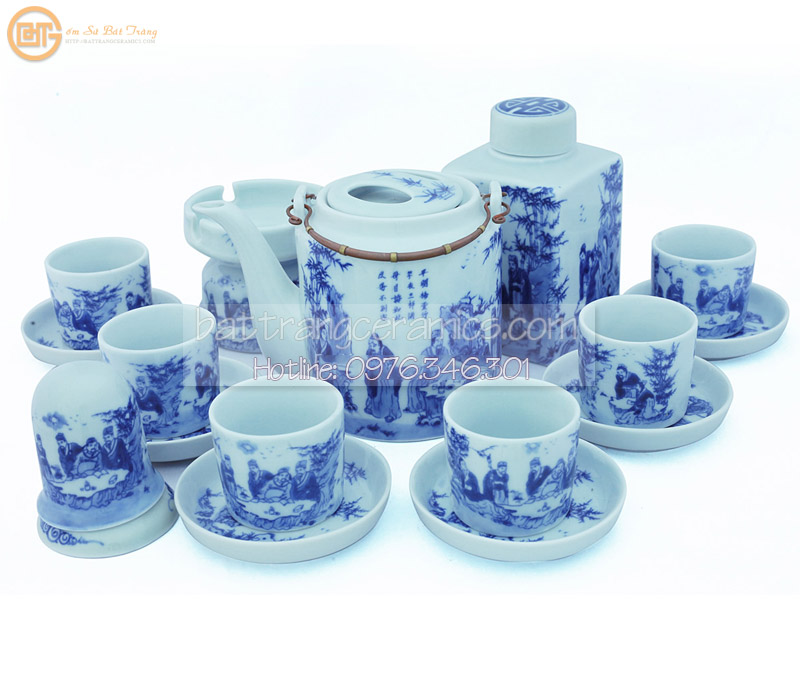 Ấm Tích Men Lam Ngọc Vẽ Trúc Lâm Gốm Sứ Bát Tràng Độc Đáo