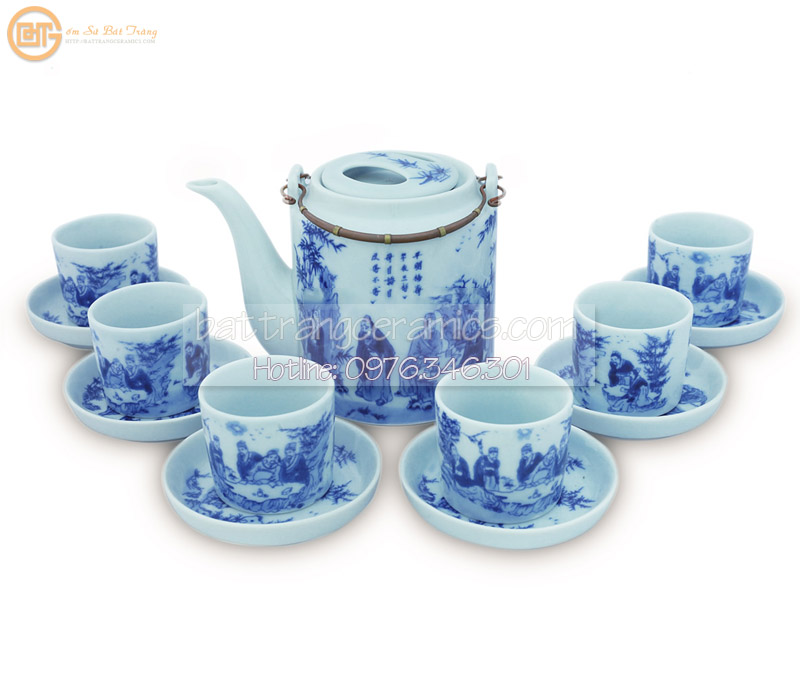 Ấm Tích Men Lam Ngọc Vẽ Trúc Lâm Gốm Sứ Bát Tràng Độc Đáo