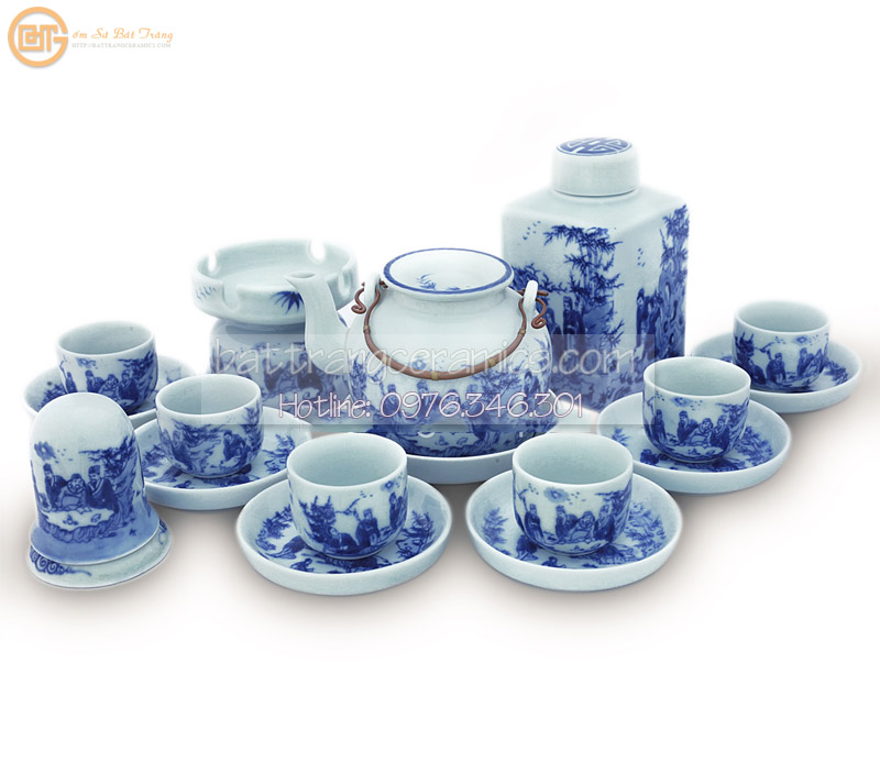 Ấm chén men lam Bát Tràng vẽ Trúc Lâm tinh xảo độc đáo