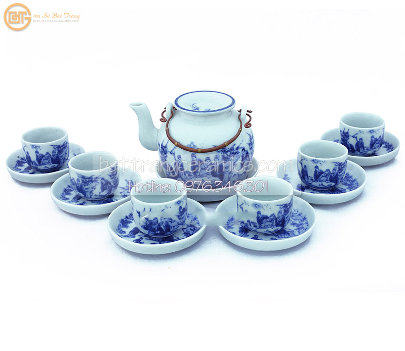 Ấm chén men lam Bát Tràng vẽ Trúc Lâm tinh xảo độc đáo