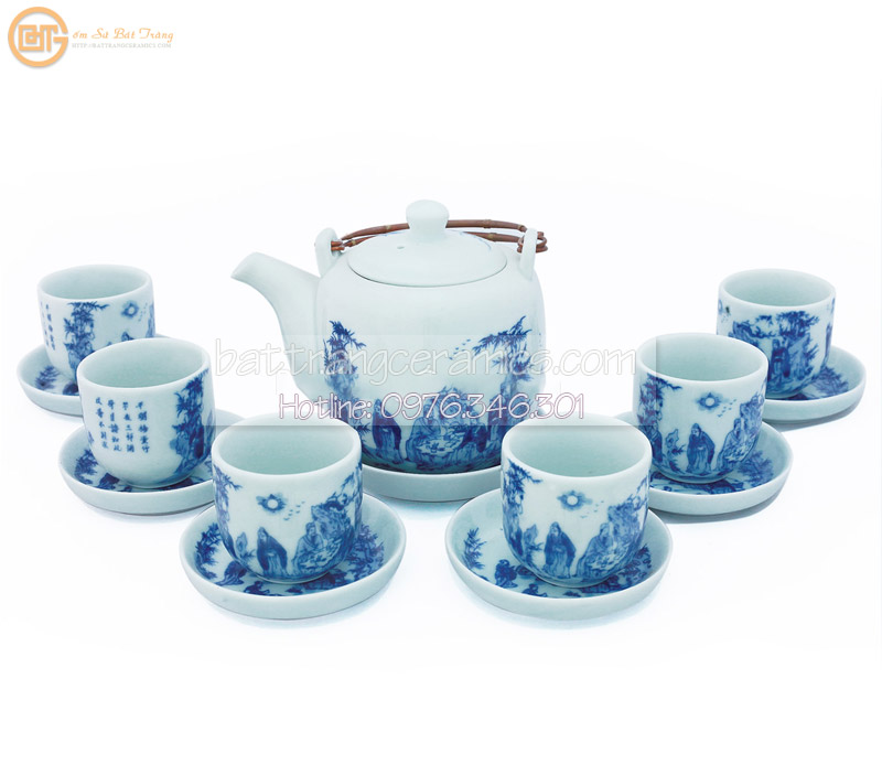 Ấm chén men lam Bát Tràng dáng vại họa tiết Trúc Lâm tinh xảo