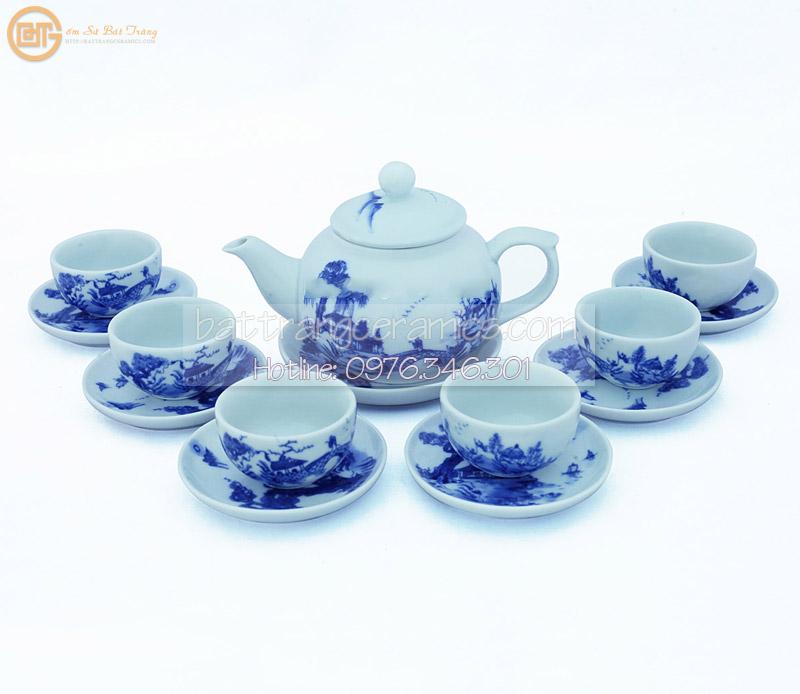 Ấm chén men lam Bát Tràng quả hồng vẽ Trúc Lâm sắc nét 