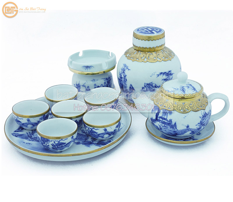 Ấm chén men lam bọc đồng quả hồng vẽ Trúc Lâm sang trọng tinh xảo Ấm chén men lam bọc đồng quả hồng vẽ Trúc Lâm sang trọng tinh xảo