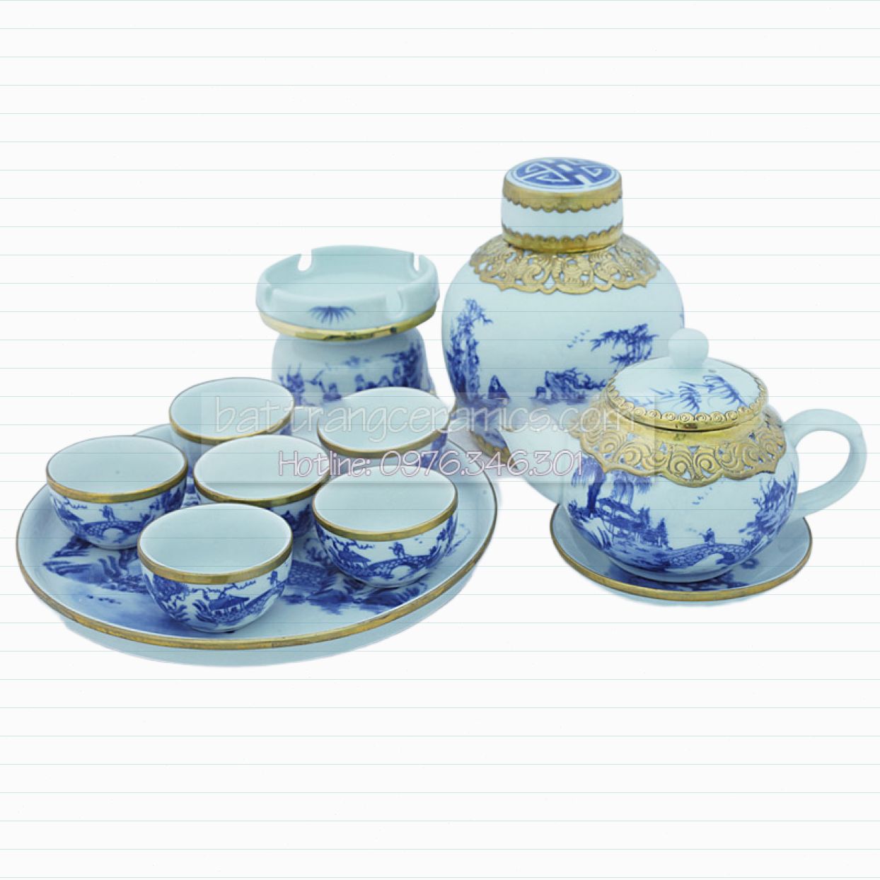 Ấm chén men lam bọc đồng quả hồng vẽ Trúc Lâm sang trọng tinh xảo 