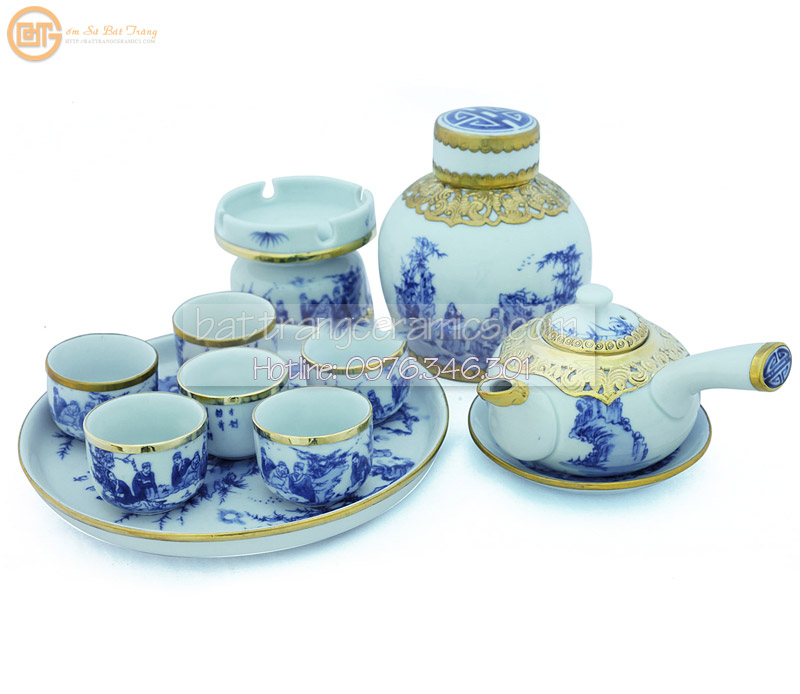 Ấm chén men lam Bát Tràng quai ngang bọc đồng sang trọng tinh tế 