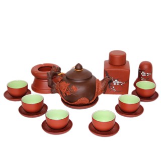 Bộ ấm chén gốm đen hoa phù dung đỏ cao cấp tặng kèm phụ kiện