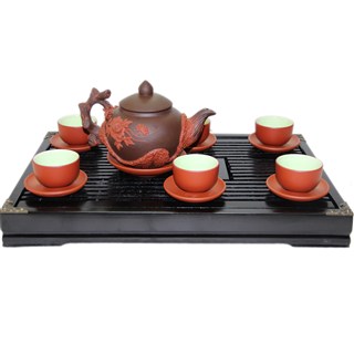 Bộ ấm chén gốm đen hoa phù dung đỏ cao cấp tặng kèm phụ kiện