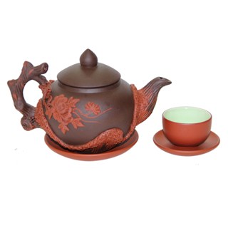 Bộ ấm chén gốm đen hoa phù dung đỏ cao cấp tặng kèm phụ kiện